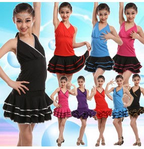 Black red blue fuchsia hot pink purple violet patchwork v halter neck backless spandex girls kids children gymnastics performance school play latin salsa cha cha dance dresses outfits split set